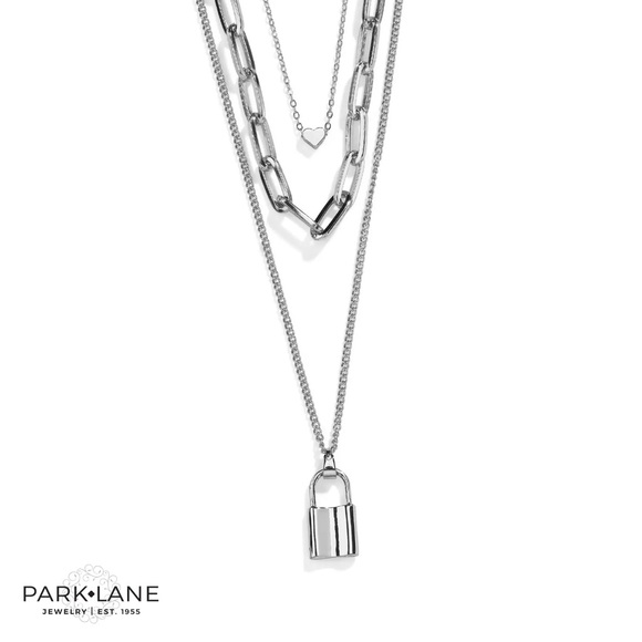 Park Lane Jewelry - Park Lane Elexa Silver 3 in 1 Layered Necklace with Padlock Charm | New